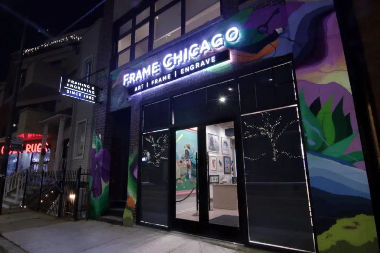 Frame Chicago Exterior Signage in vibrant LED neon