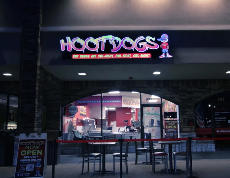 Hootdogs Restaurant Neon Sign in vibrant LED neon