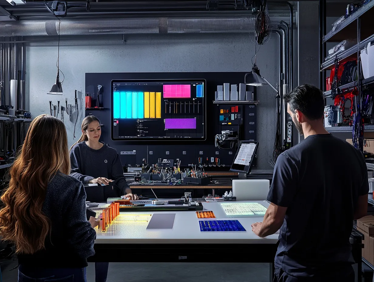 Neon workshop with production planning on smart display and a team discussing fabrication process