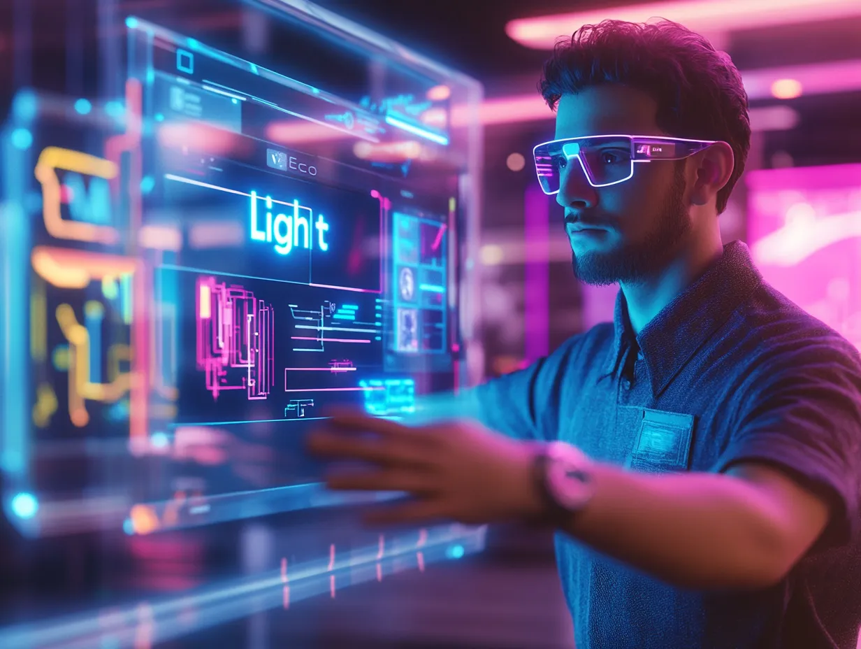 Futuristic digital neon artist working with holographic light interface