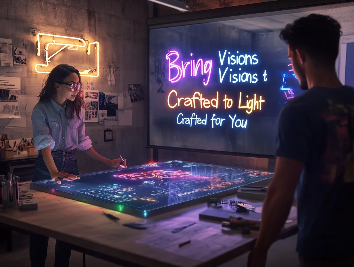 Designer working in a neon art studio showcasing mission-focused LED signage concepts