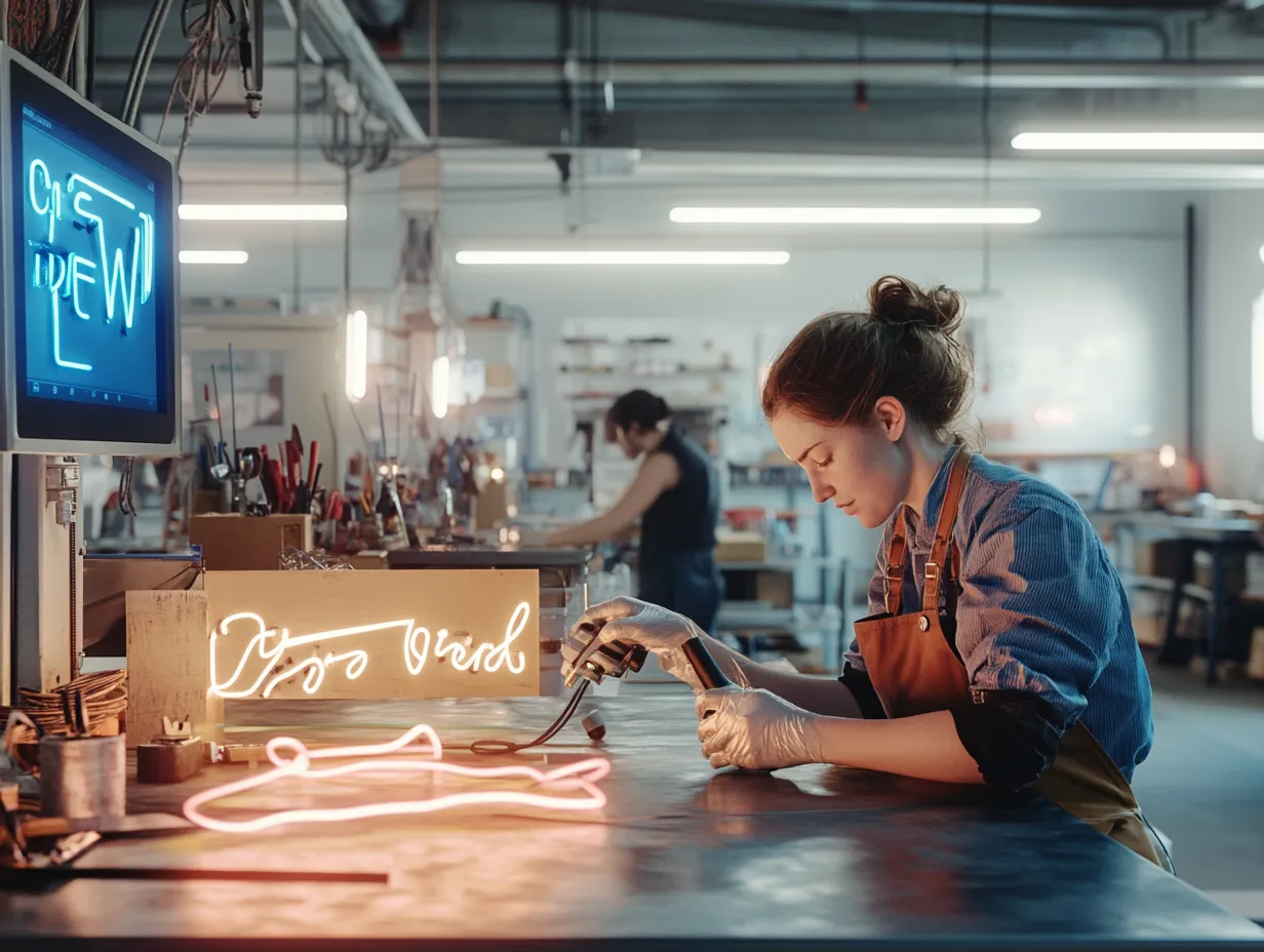 Female artisan handcrafting a neon sign in a modern workshop with glowing pink and white neon tubes