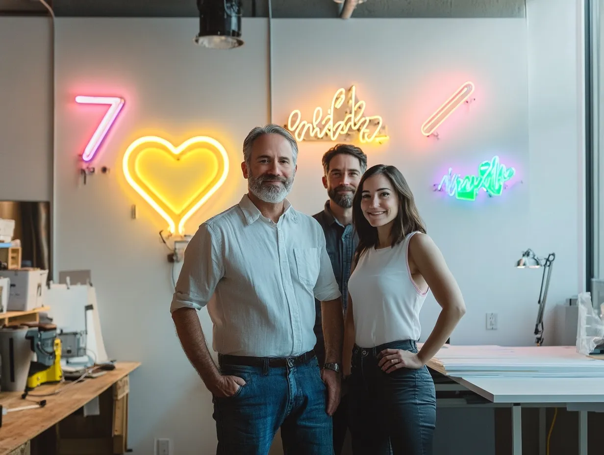 Three team members standing proudly in a neon sign workshop with colorful glowing signs on the wall