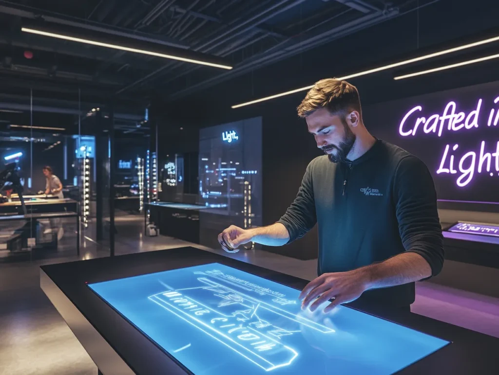 Neon artist working on digital touchscreen display at NeonArts lab
